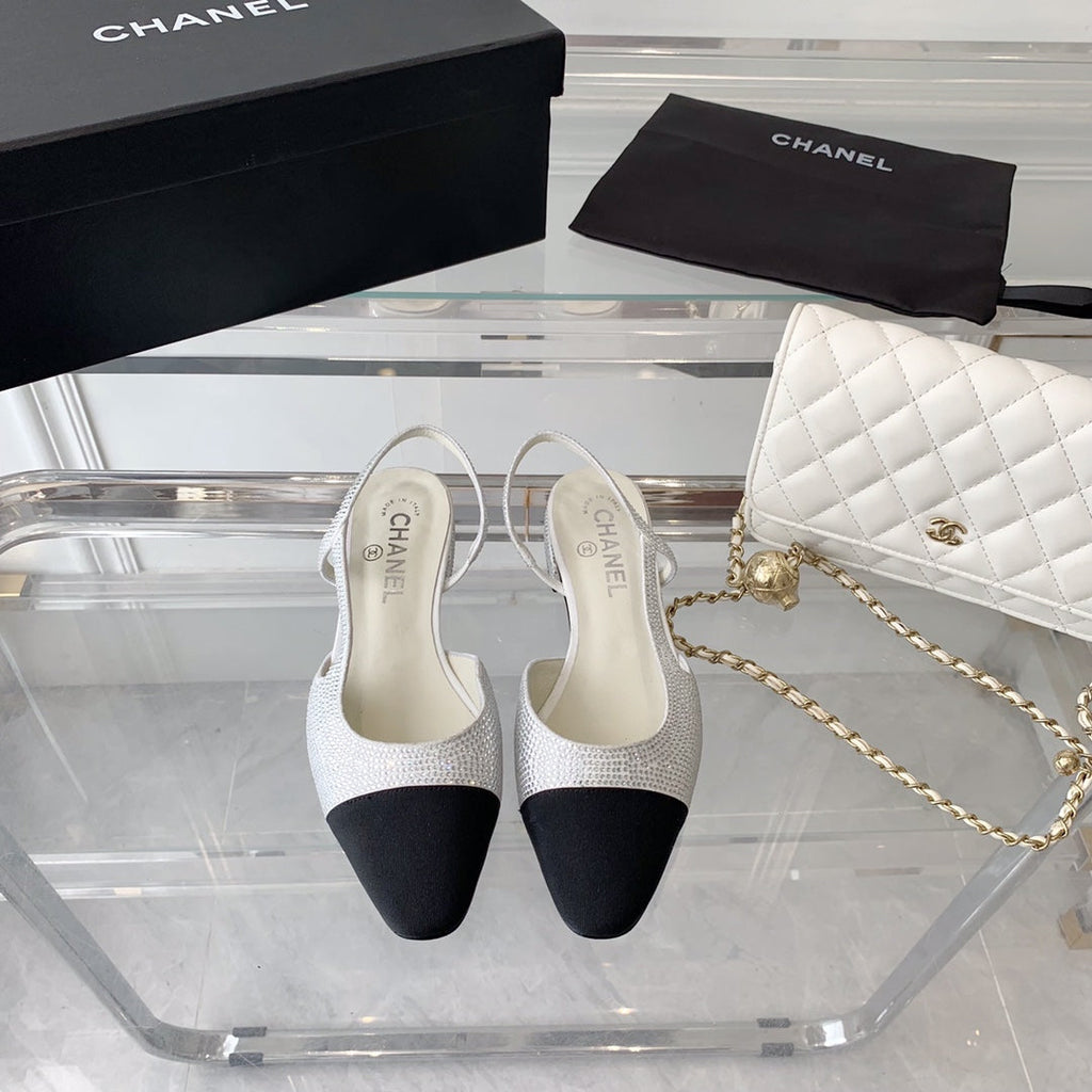 CHANEL Double  Rhinestone Slingback Sheepskin White Black