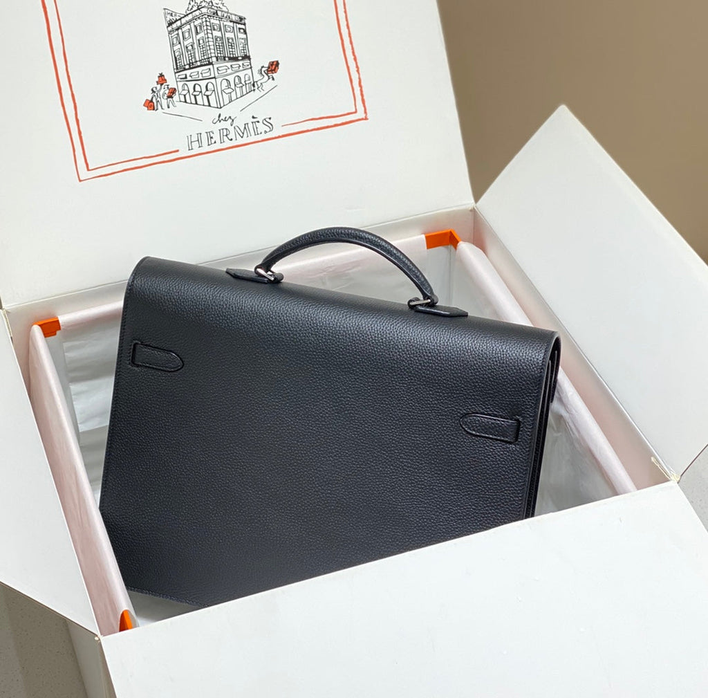 HERMES KELLY DEPECHES 38 BRIEFCASE IN BLACK TOGO CALFSKIN SILVER HARDWARE