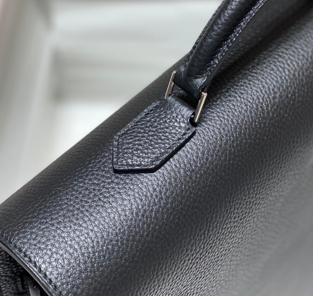 HERMES KELLY DEPECHES 38 BRIEFCASE IN BLACK TOGO CALFSKIN SILVER HARDWARE