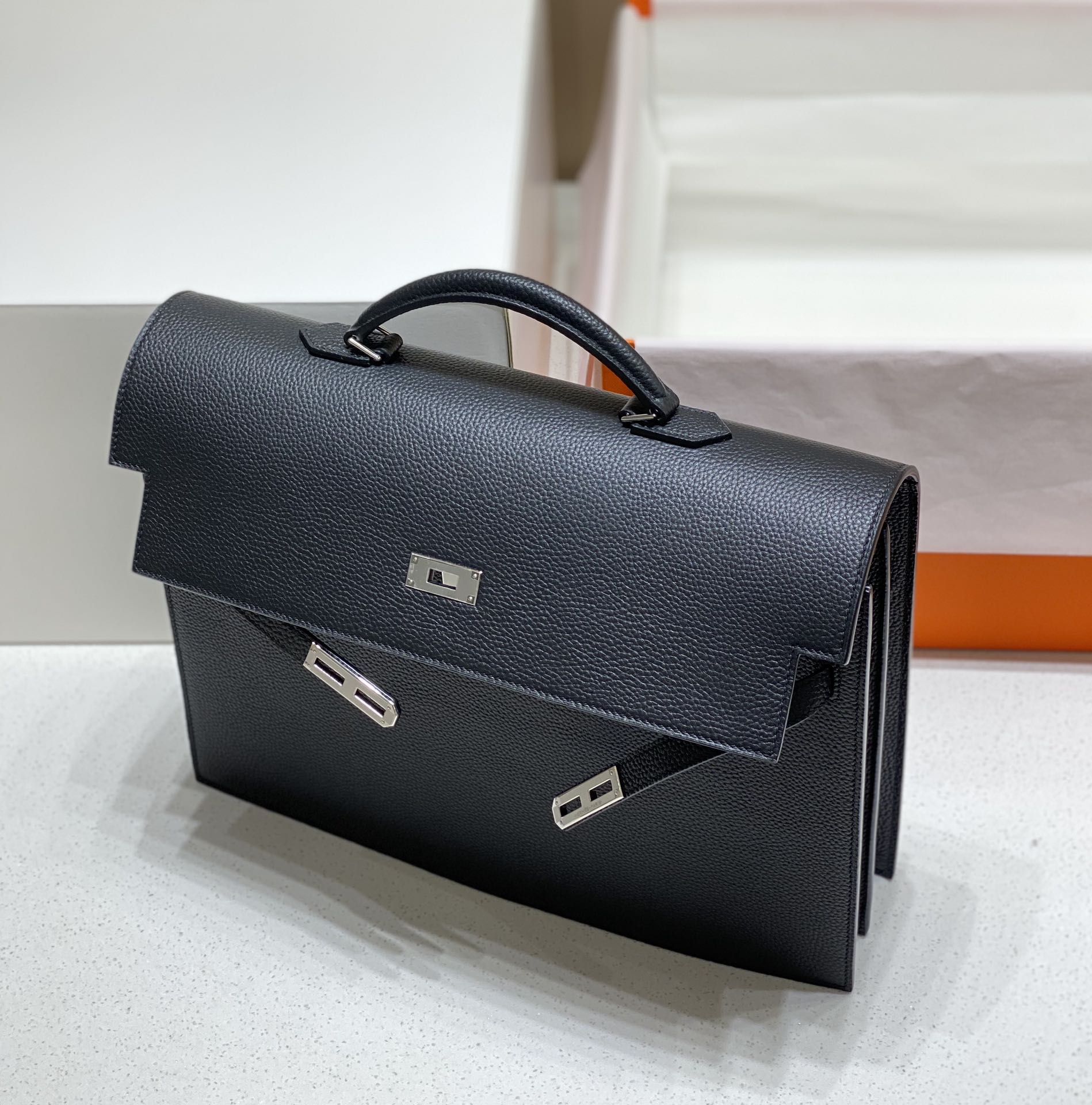 HERMES KELLY DEPECHES 38 BRIEFCASE IN BLACK TOGO CALFSKIN SILVER HARDWARE