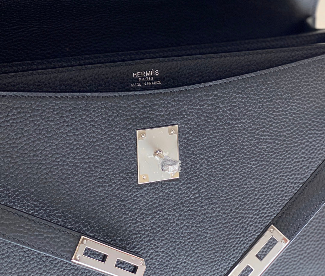 HERMES KELLY DEPECHES 38 BRIEFCASE IN BLACK TOGO CALFSKIN SILVER HARDWARE