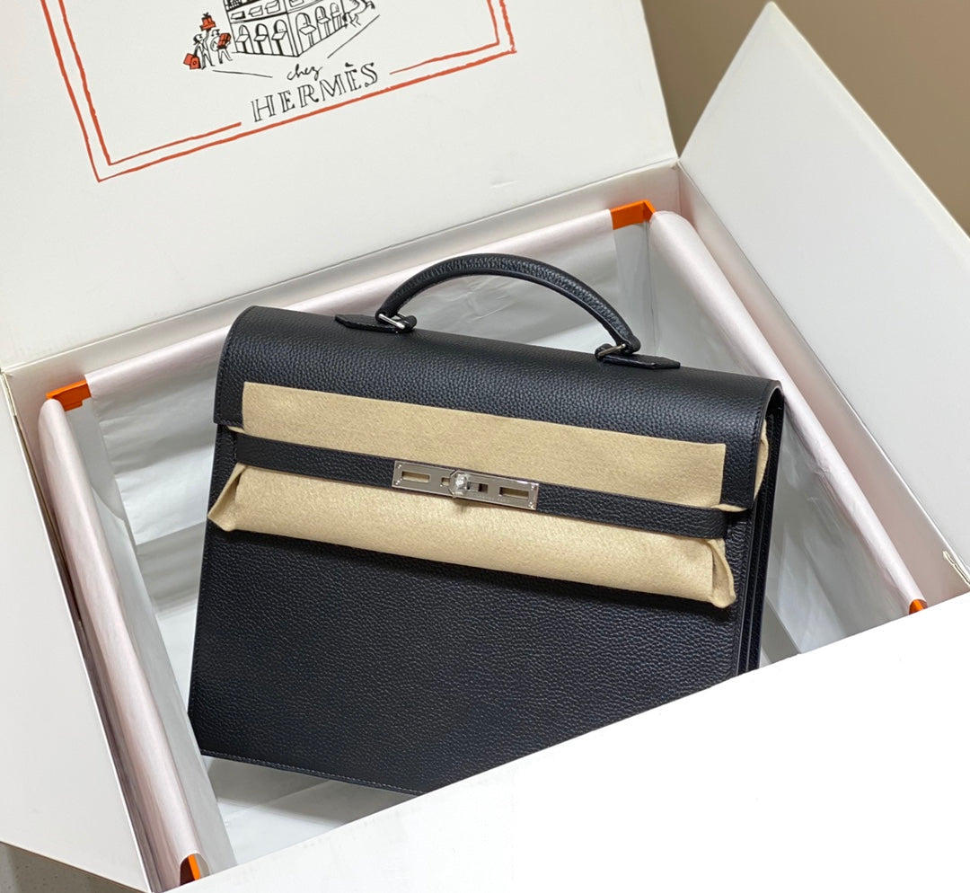 HERMES KELLY DEPECHES 34 BRIEFCASE IN BLACK TOGO CALFSKIN SILVER HARDWARE