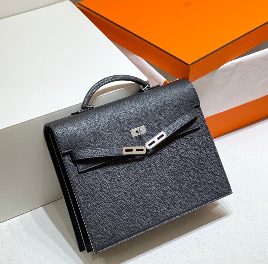 HERMES KELLY DEPECHES 34 BRIEFCASE IN BLACK TOGO CALFSKIN SILVER HARDWARE