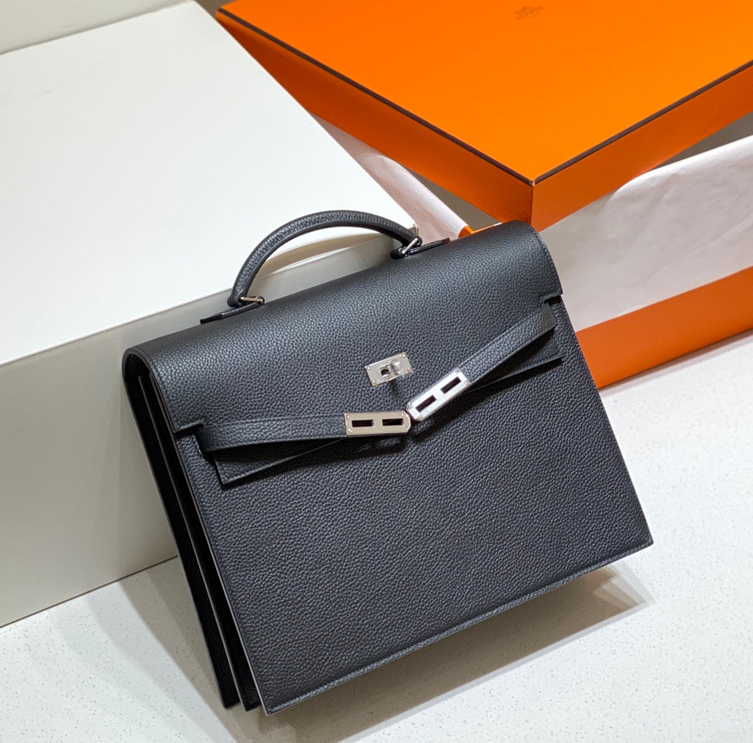 HERMES KELLY DEPECHES 34 BRIEFCASE IN BLACK TOGO CALFSKIN SILVER HARDWARE