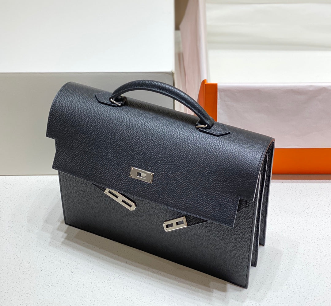 HERMES KELLY DEPECHES 34 BRIEFCASE IN BLACK TOGO CALFSKIN SILVER HARDWARE
