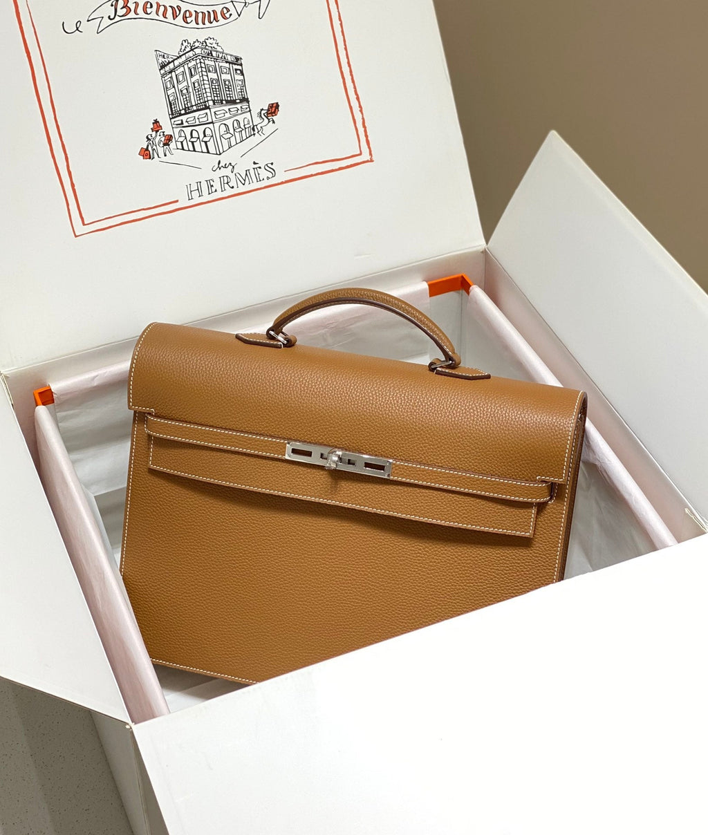 HERMES KELLY DEPECHES 38 BRIEFCASE IN GOLD TOGO CALFSKIN SILVER HARDWARE