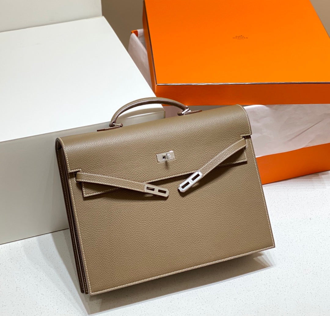 HERMES KELLY DEPECHES 38 BRIEFCASE IN ETOUPE TOGO CALFSKIN SILVER HARDWARE