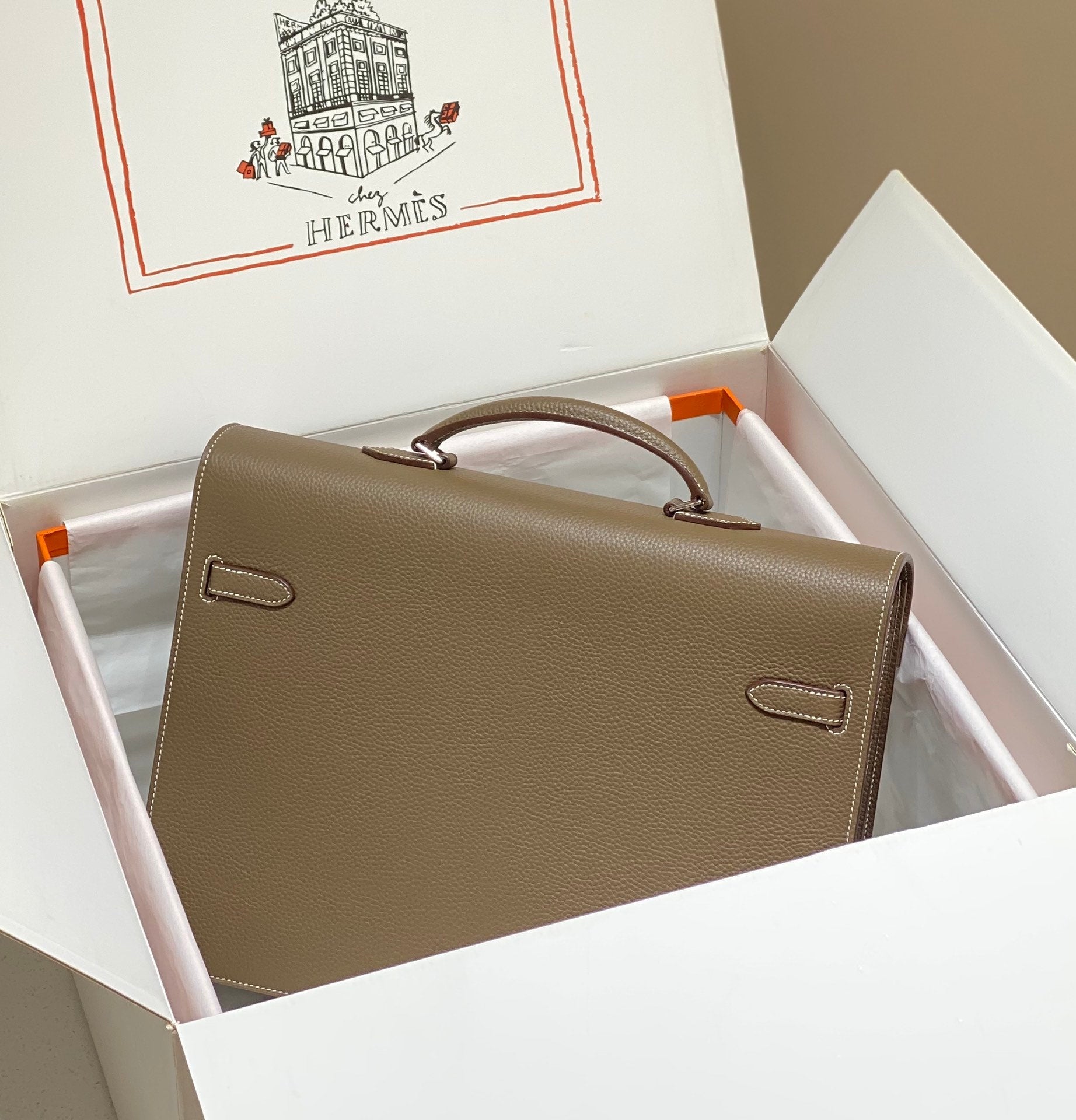 HERMES KELLY DEPECHES 38 BRIEFCASE IN ETOUPE TOGO CALFSKIN SILVER HARDWARE
