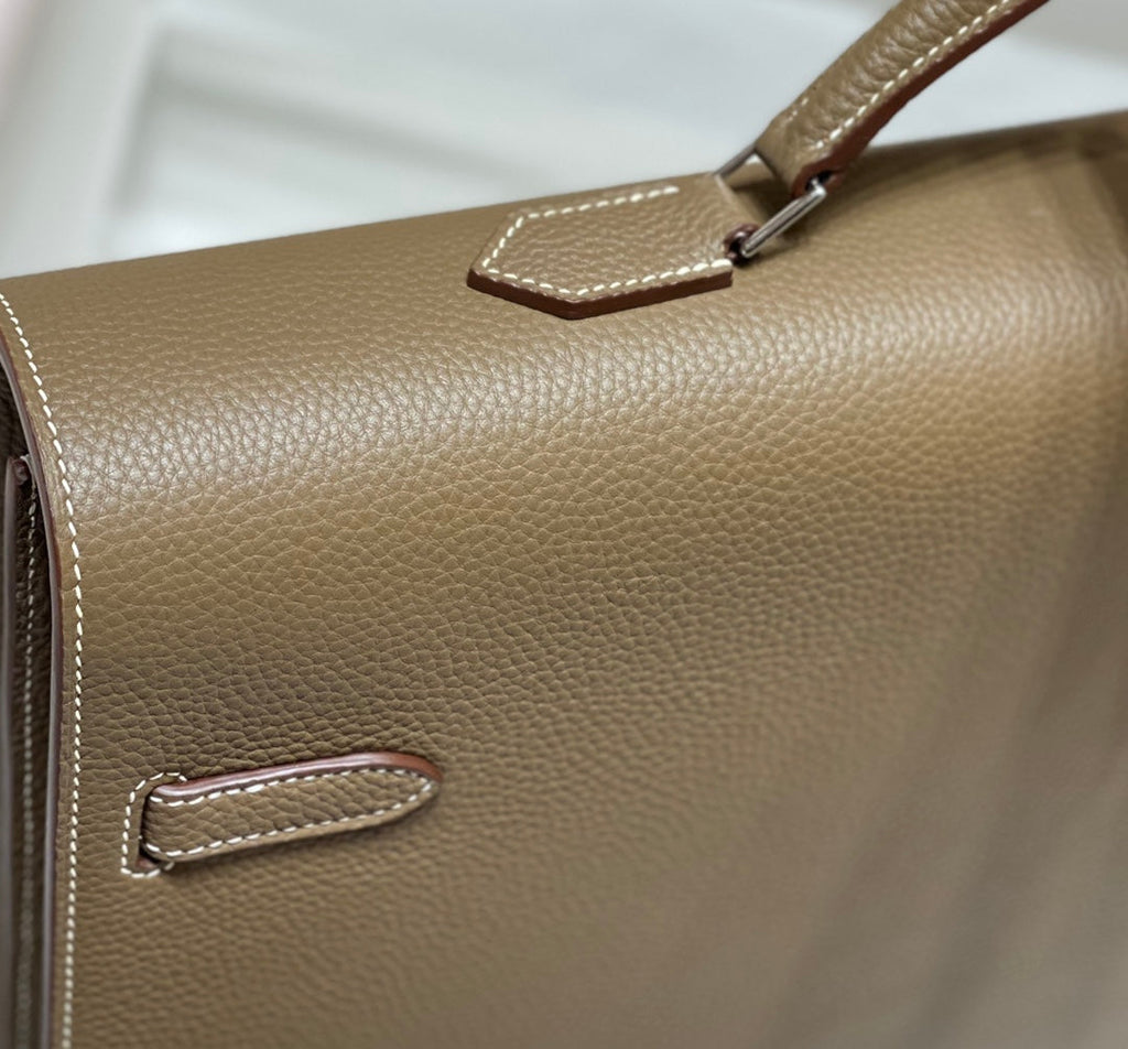 HERMES KELLY DEPECHES 38 BRIEFCASE IN ETOUPE TOGO CALFSKIN SILVER HARDWARE