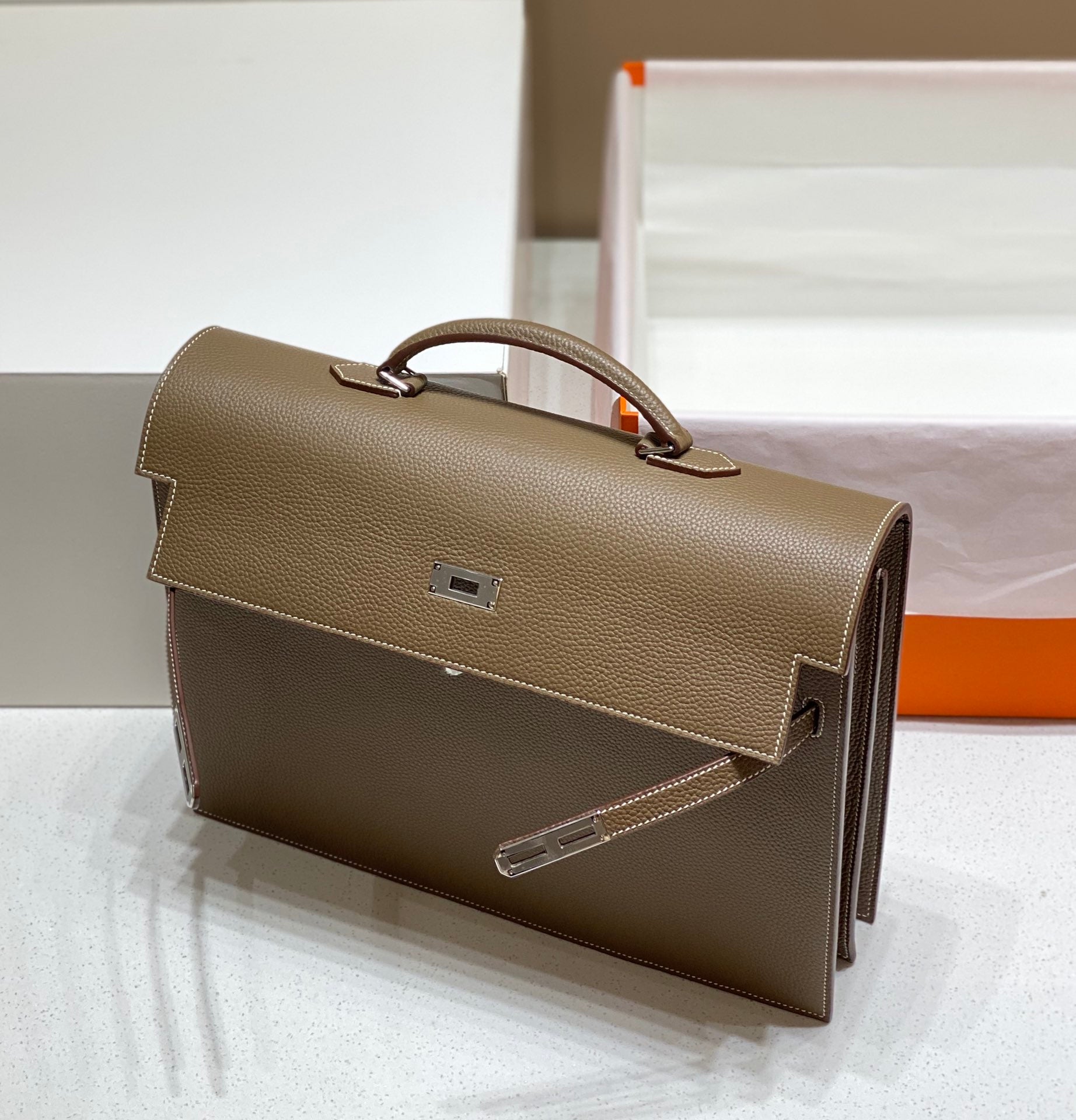 HERMES KELLY DEPECHES 38 BRIEFCASE IN ETOUPE TOGO CALFSKIN SILVER HARDWARE