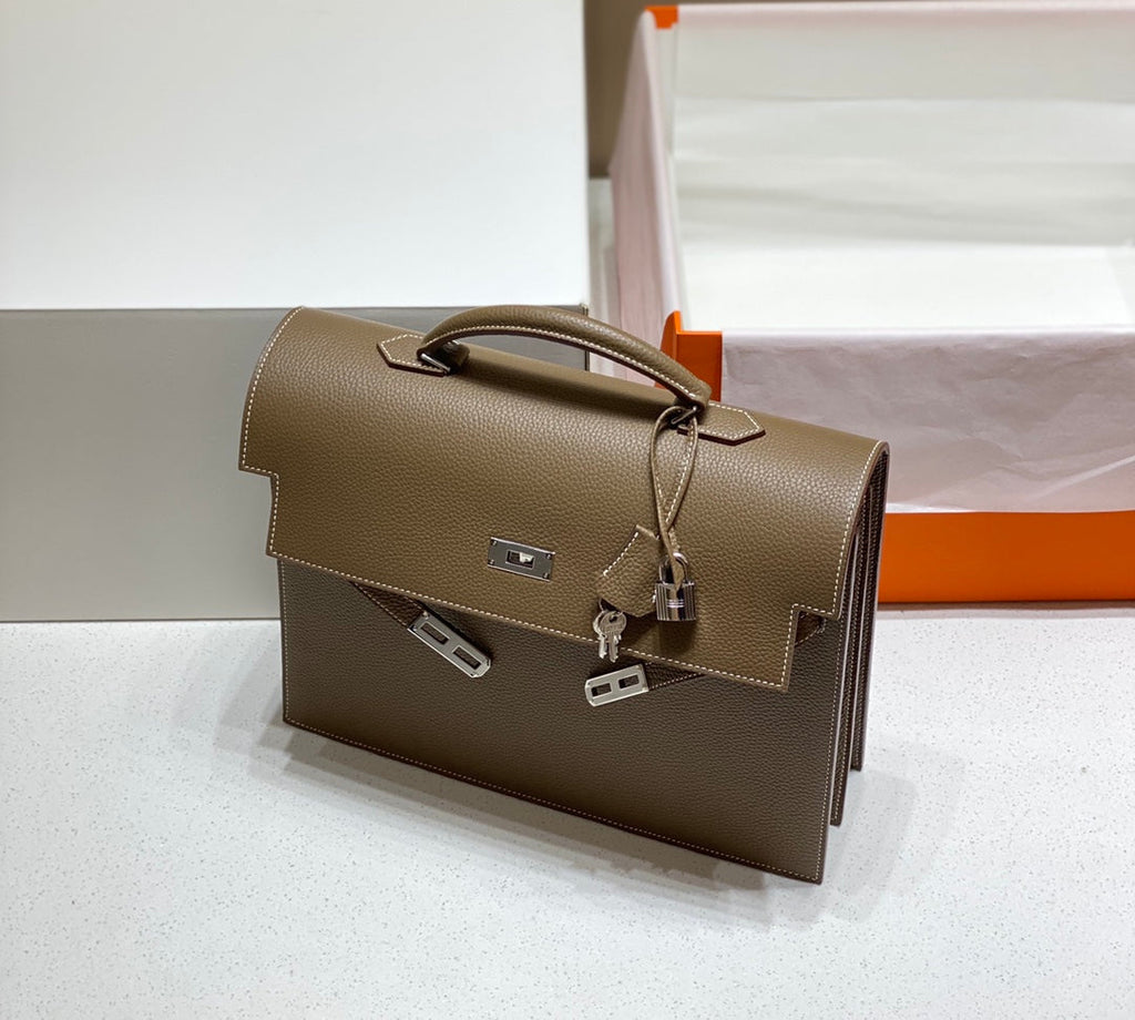 HERMES KELLY DEPECHES 34 BRIEFCASE IN ETOUPE TOGO CALFSKIN SILVER HARDWARE