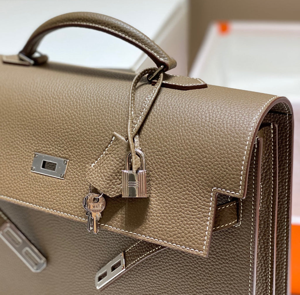 HERMES KELLY DEPECHES 34 BRIEFCASE IN ETOUPE TOGO CALFSKIN SILVER HARDWARE
