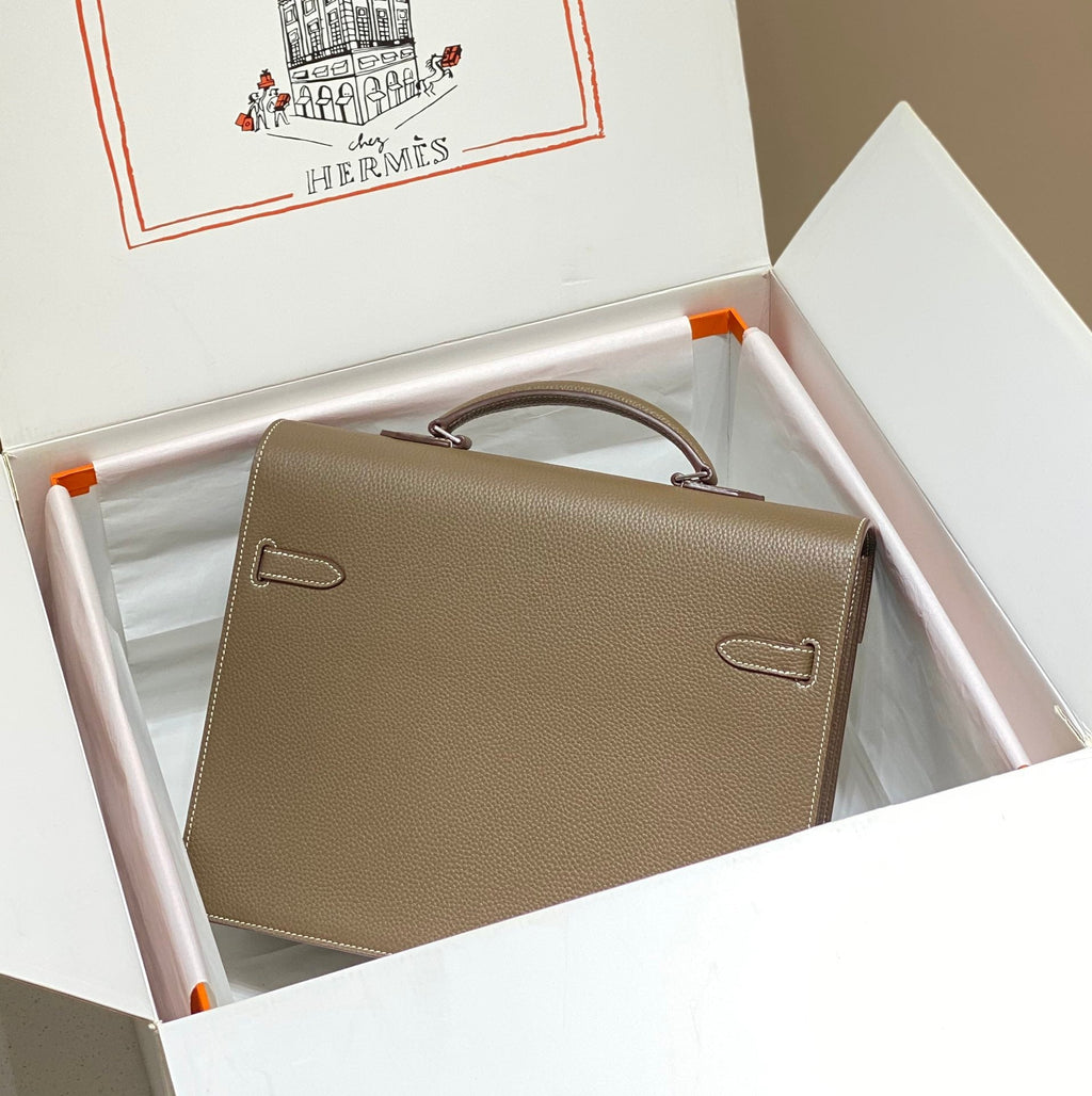 HERMES KELLY DEPECHES 34 BRIEFCASE IN ETOUPE TOGO CALFSKIN SILVER HARDWARE