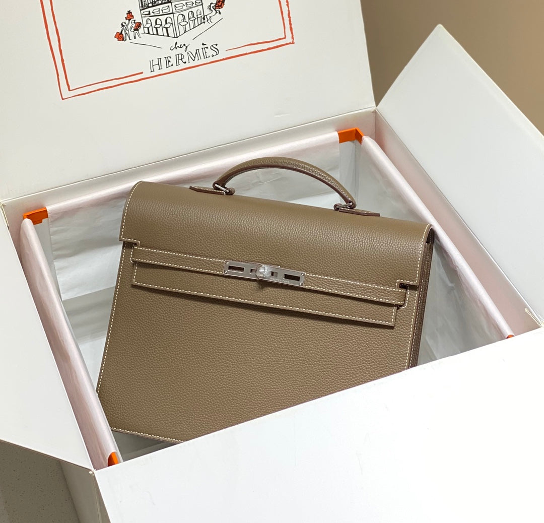 HERMES KELLY DEPECHES 34 BRIEFCASE IN ETOUPE TOGO CALFSKIN SILVER HARDWARE