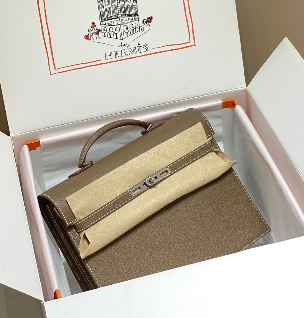 HERMES KELLY DEPECHES 34 BRIEFCASE IN ETOUPE TOGO CALFSKIN SILVER HARDWARE