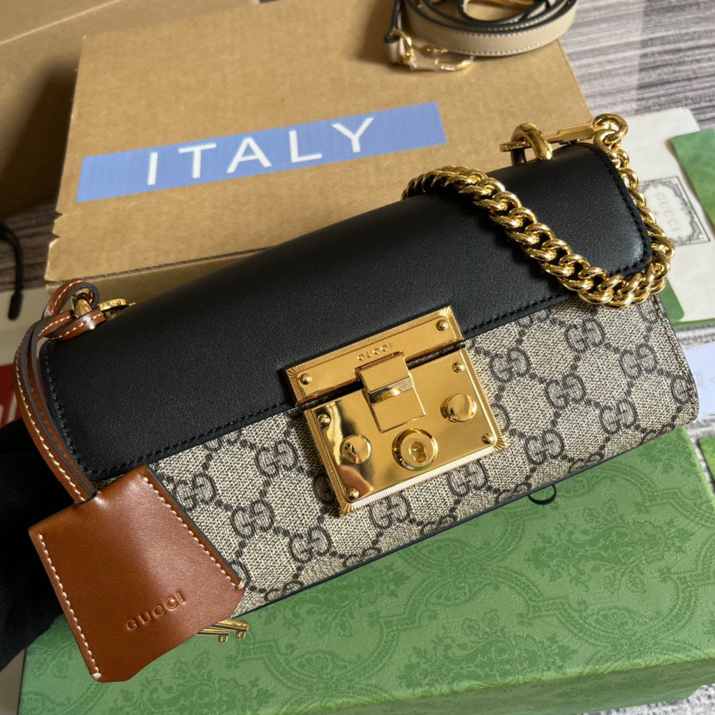 GUCCI PADLOCK 22 SMALL  BAG IN BLACK CALFSKIN AND BEIGE CANVAS