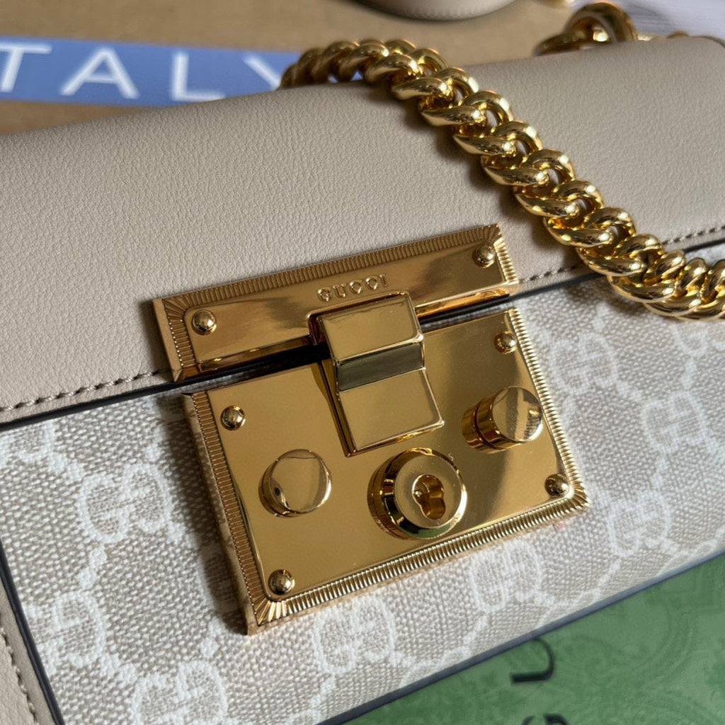 GUCCI PADLOCK 22 SMALL  SHOULDER BAG IN BEIGE CALFSKIN AND CANVAS