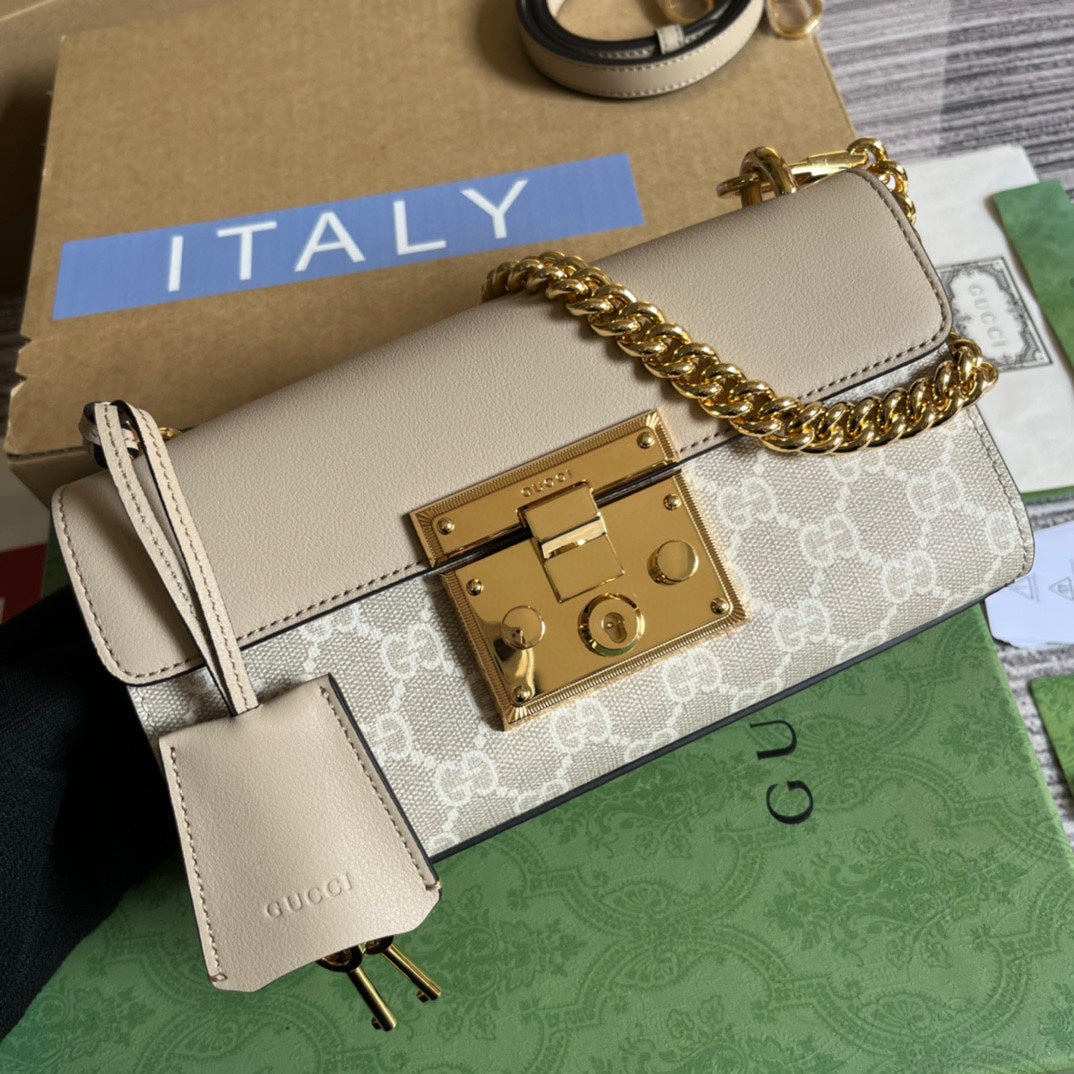 GUCCI PADLOCK 22 SMALL  SHOULDER BAG IN BEIGE CALFSKIN AND CANVAS