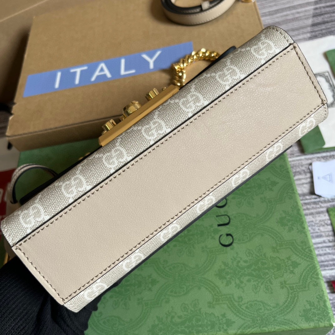 GUCCI PADLOCK 22 SMALL  SHOULDER BAG IN BEIGE CALFSKIN AND CANVAS