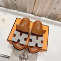 HERMES CHYPRE SANDAL BRIGHT BROWN LAMBSKIN AND SILVER DENIM
