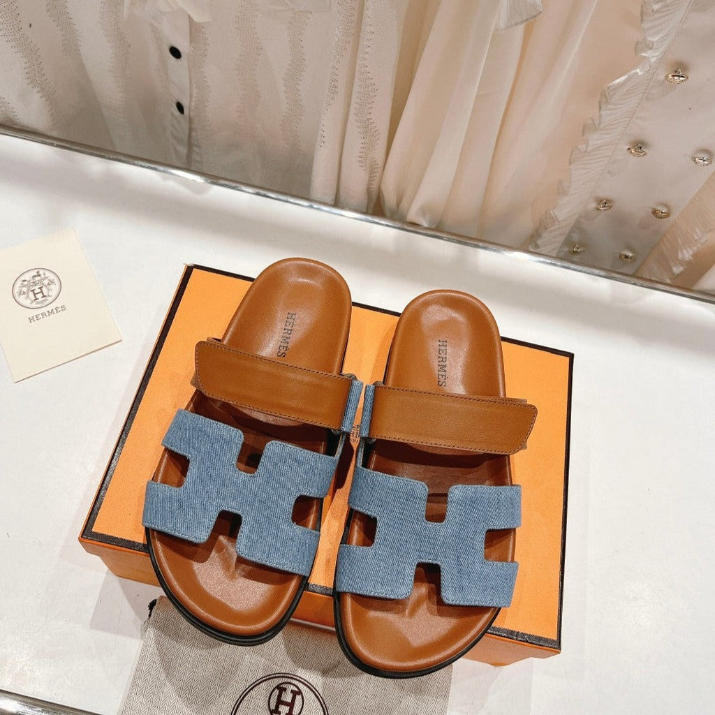 HERMES CHYPRE SANDAL BRIGHT BROWN LAMBSKIN AND BLUE DENIM