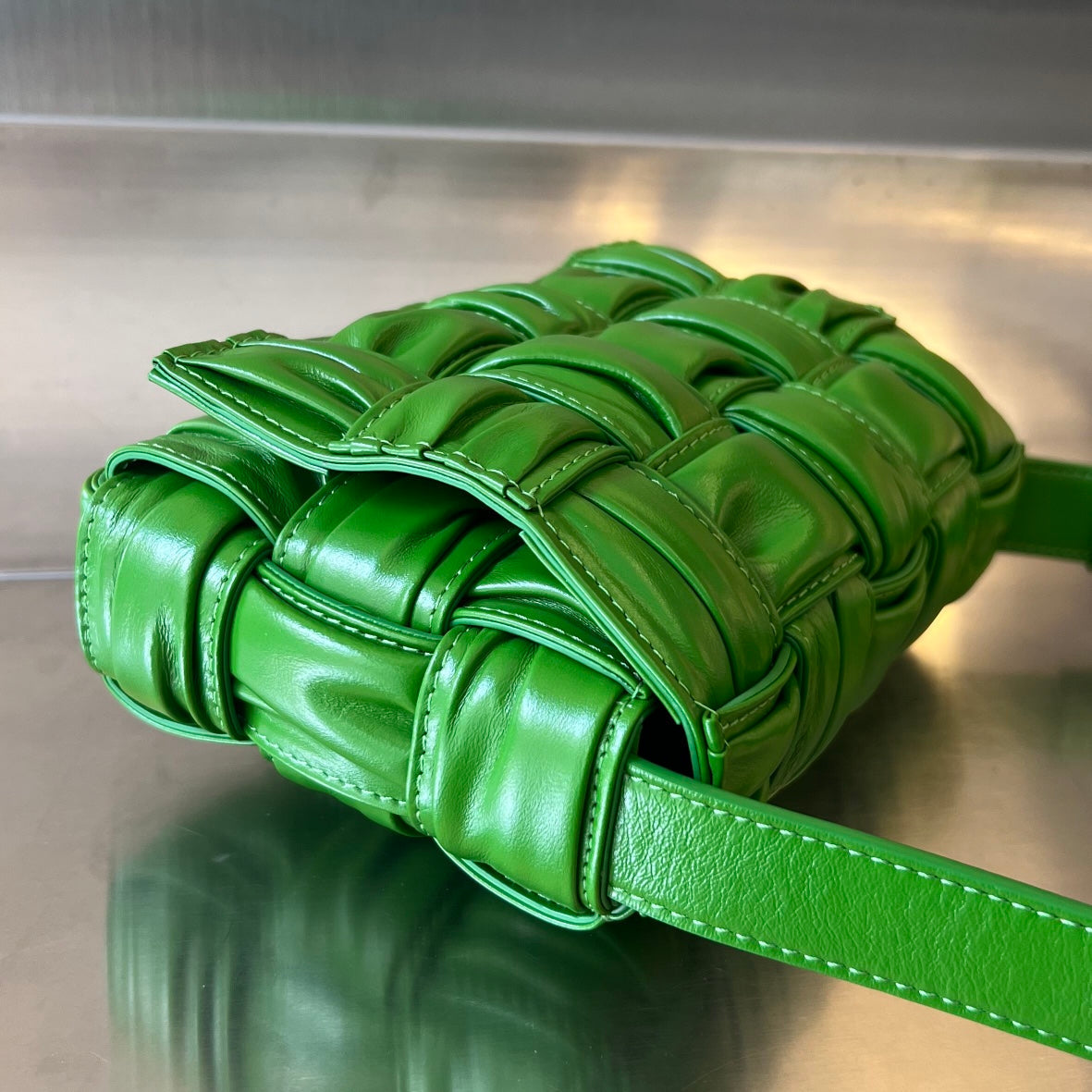 BOTTEGA VENETA MINI CASSETTE 19 IN SHAMROCK GREEN SOFT LAMBSKIN