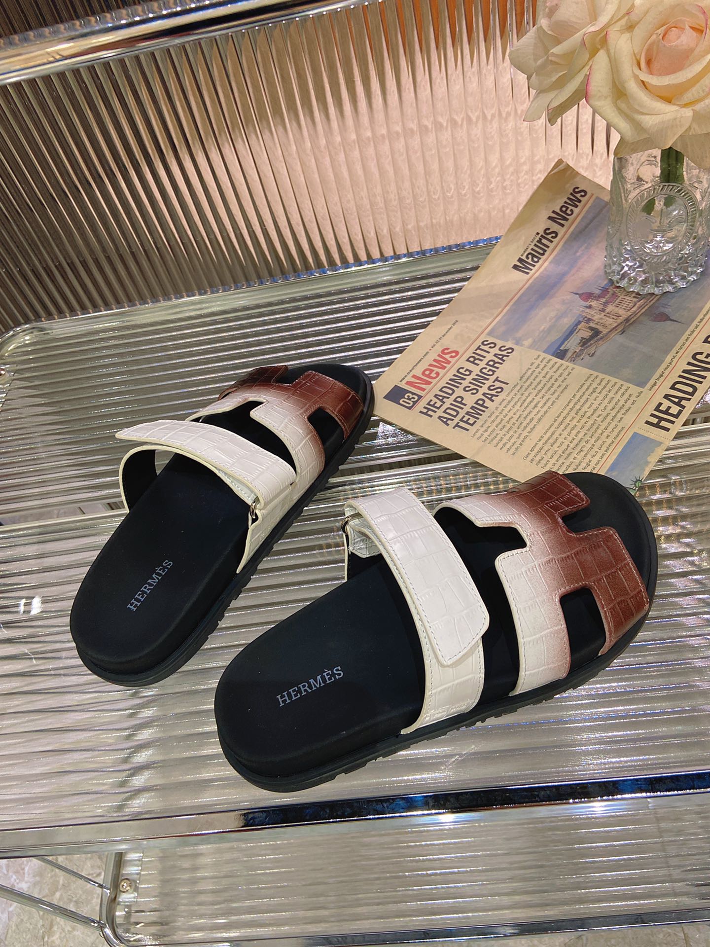 HERMES CHYPRE SANDAL OMBRE WHITE BROWN CALFSKIN