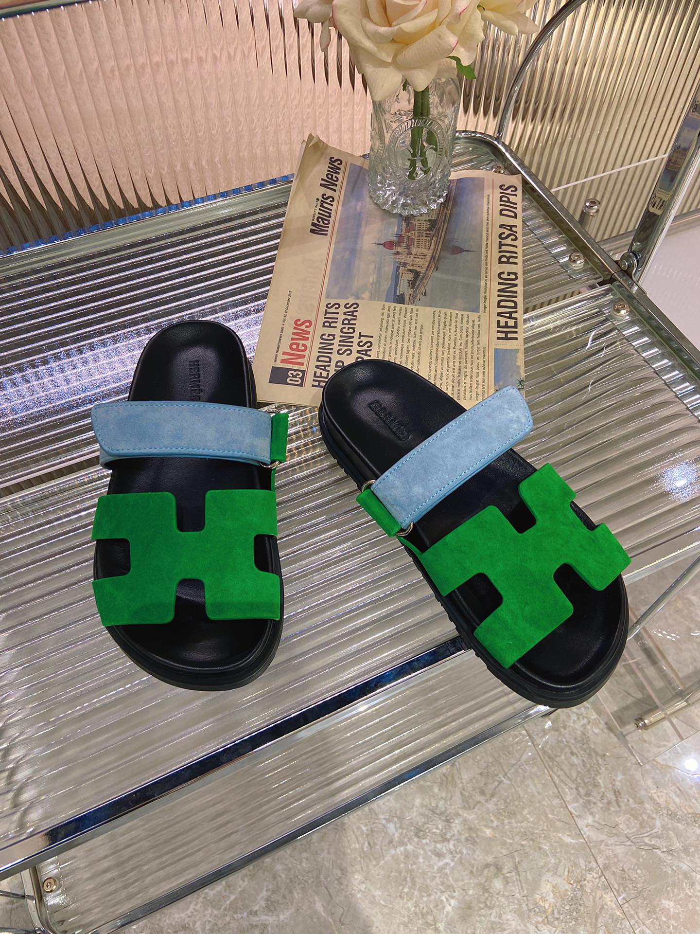 HERMES CHYPRE SANDAL GREEN MIX BLUE SUEDE