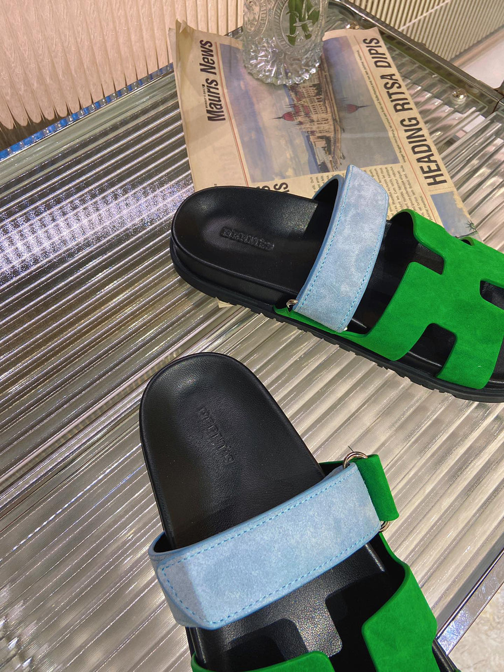 HERMES CHYPRE SANDAL GREEN MIX BLUE SUEDE