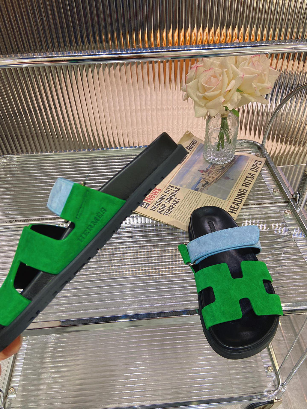 HERMES CHYPRE SANDAL GREEN MIX BLUE SUEDE