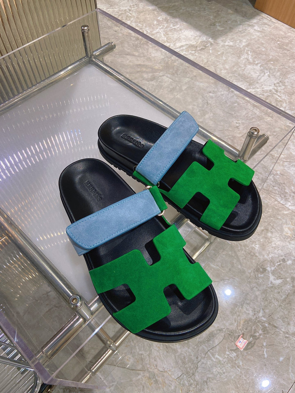 HERMES CHYPRE SANDAL GREEN MIX BLUE SUEDE