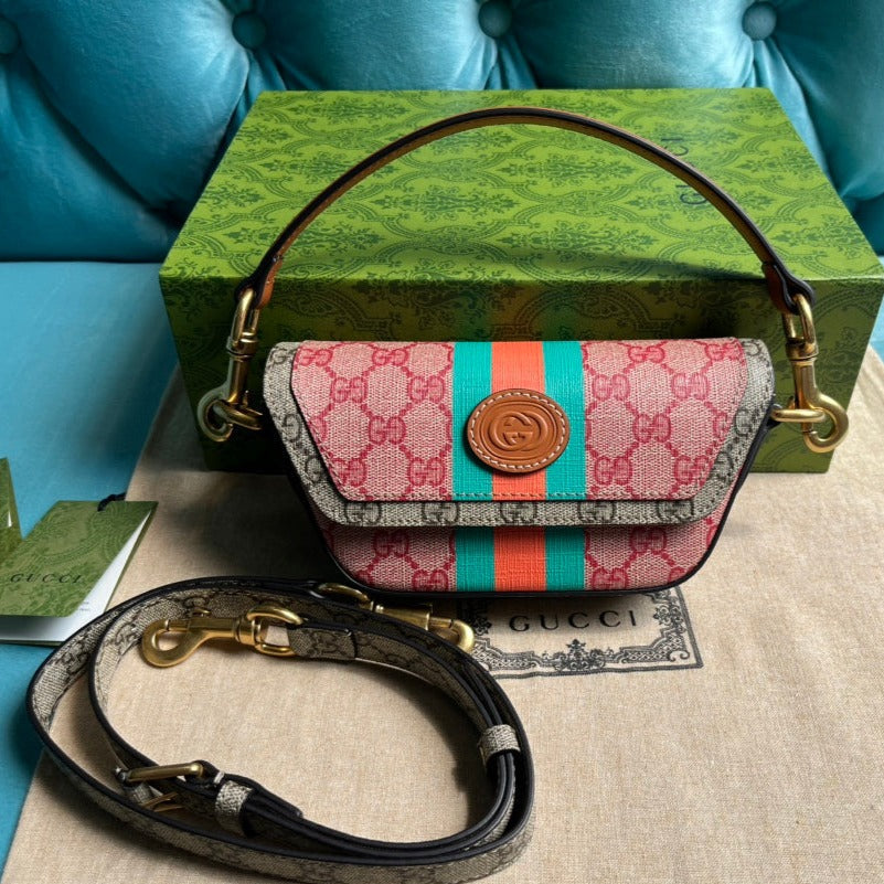 GUCCI MINI 13 HANDBAG IN LIGHT PINK AND BEIGE CANVAS