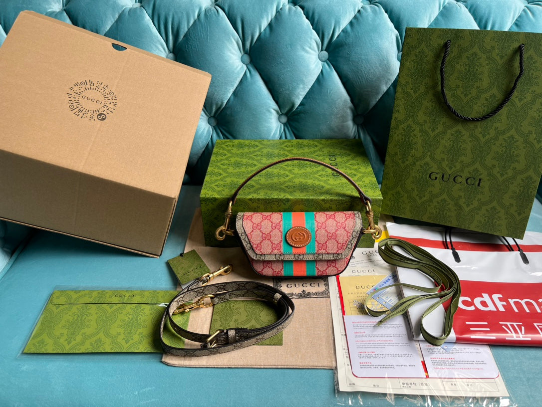GUCCI MINI 13 HANDBAG IN LIGHT PINK AND BEIGE CANVAS