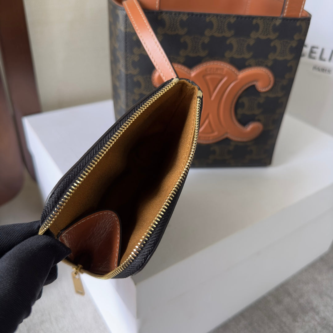 CELINE CUBE BAG 15 IN BLACK TRIOMPHE CANVAS AND BROWN CALFSKIN