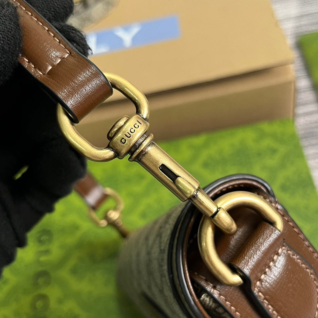 GUCCI MINI 13 HANDBAG IN BEIGE CANVAS AND BROWN CALFSKIN