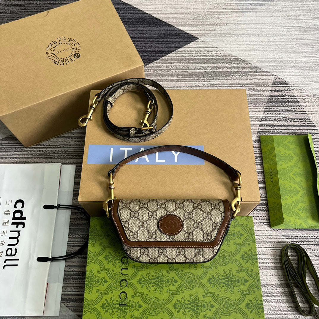 GUCCI MINI 13 HANDBAG IN BEIGE CANVAS AND BROWN CALFSKIN