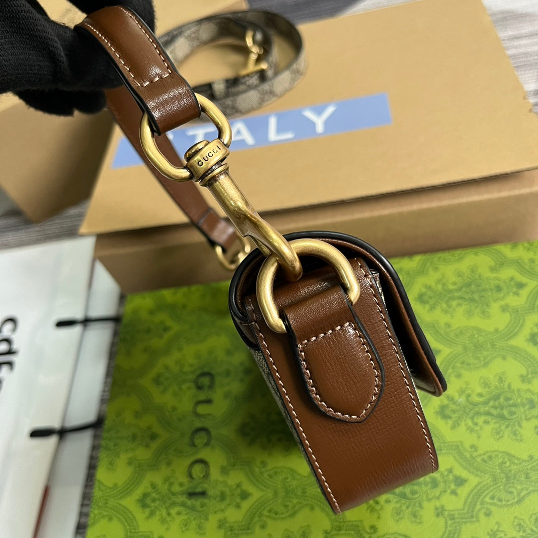 GUCCI MINI 13 HANDBAG IN BEIGE CANVAS AND BROWN CALFSKIN