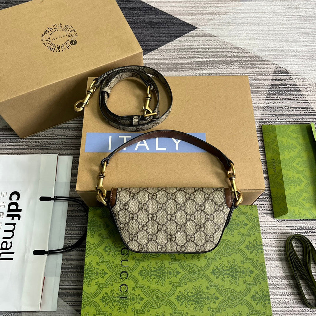 GUCCI MINI 13 HANDBAG IN BEIGE CANVAS AND BROWN CALFSKIN