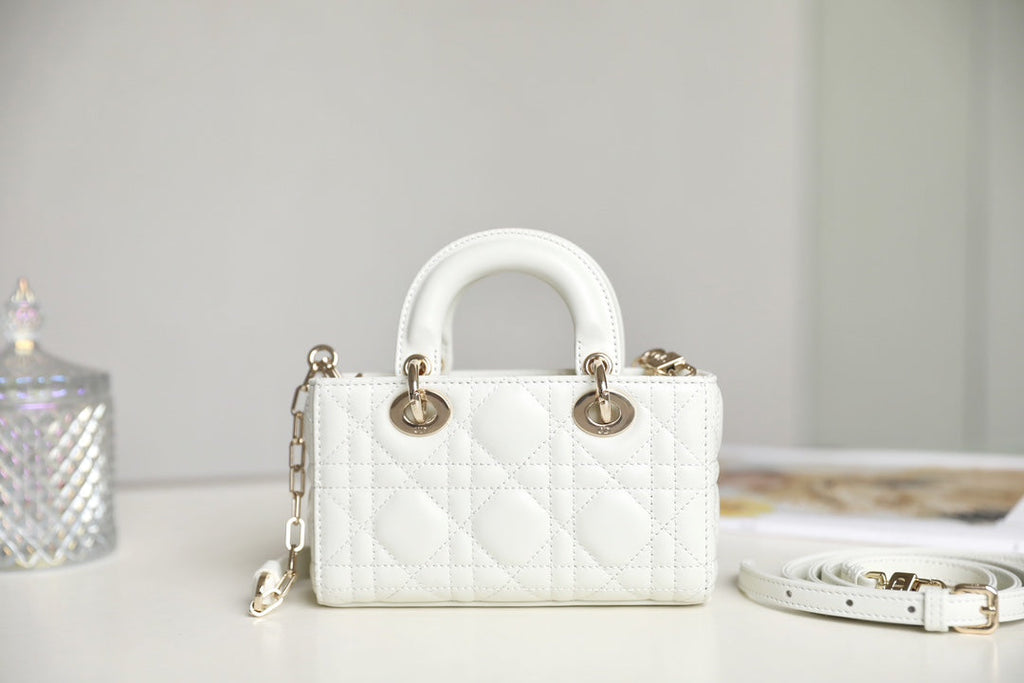 DIOR LADY D-JOY MICRO 16 IN WHITE LAMBSKIN