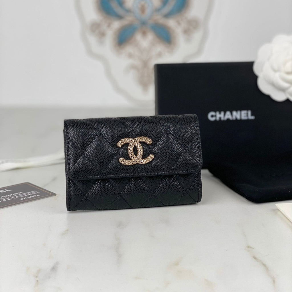 CHANEL FLAP CARD HOLDER 11 BLACK GRAINED CALFSKIN GOLD ICON