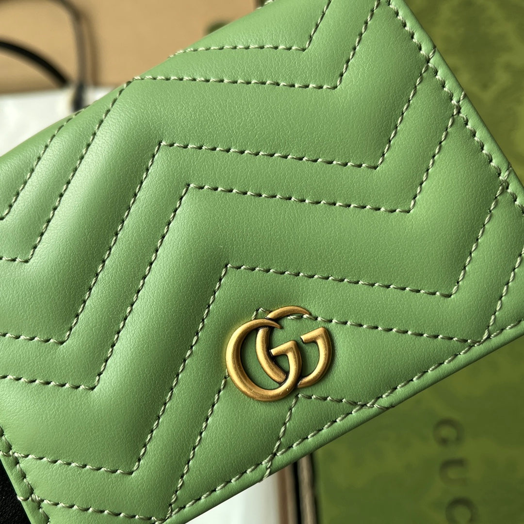 GUCCI MARMONT QUILTED WALLET 11 IN LIGHT GREEN LAMBSKIN
