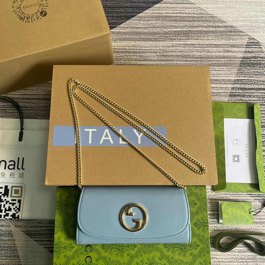 GUCCI BLONDIE SHOULDER BAG 21 IN SKY BLUE CALFSKIN GOLD HARDWARE