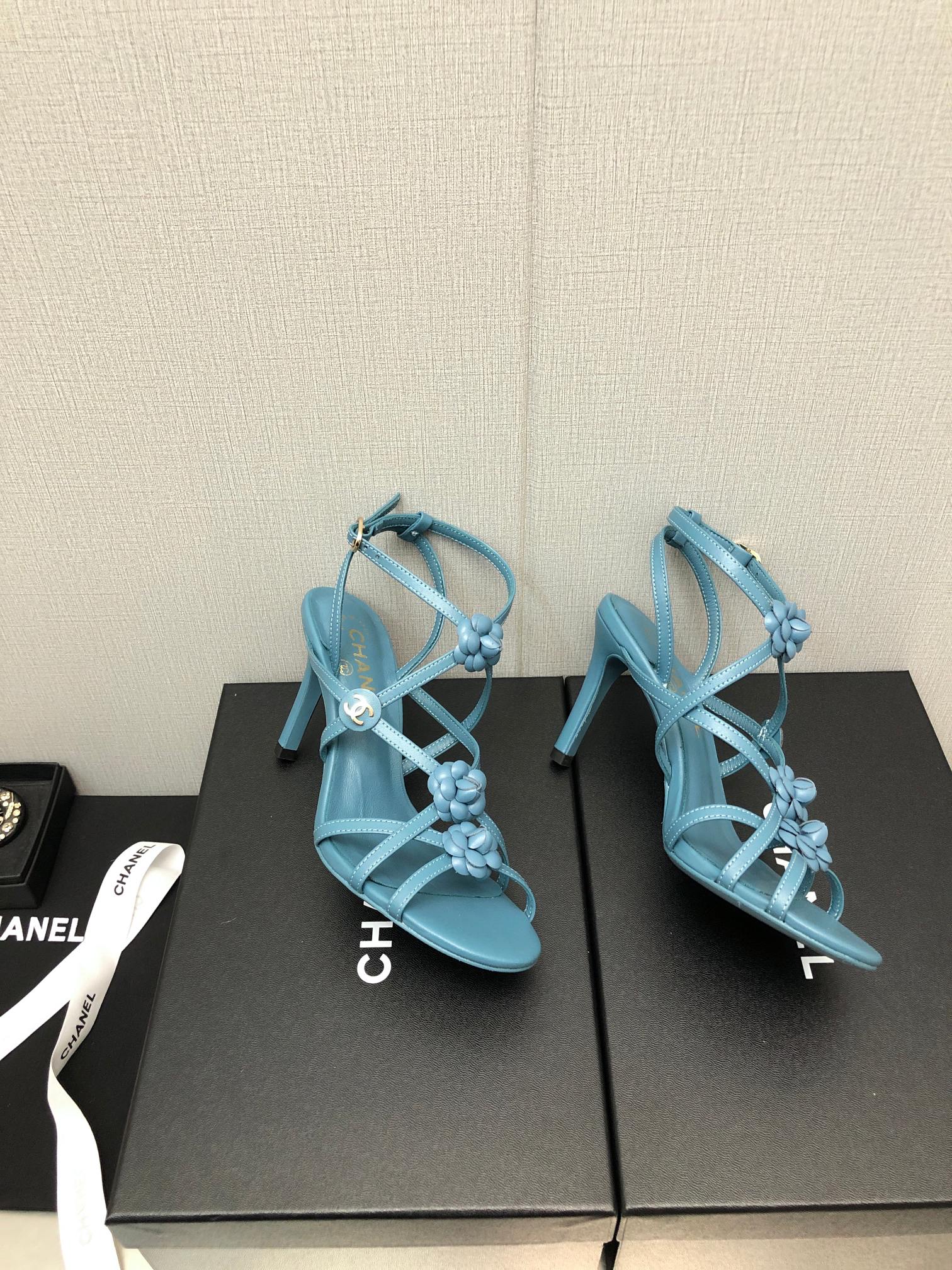 CHANEL FLORAL HIGH HEEL SANDAL IN SAPPHIRE BLUE LAMBSKIN