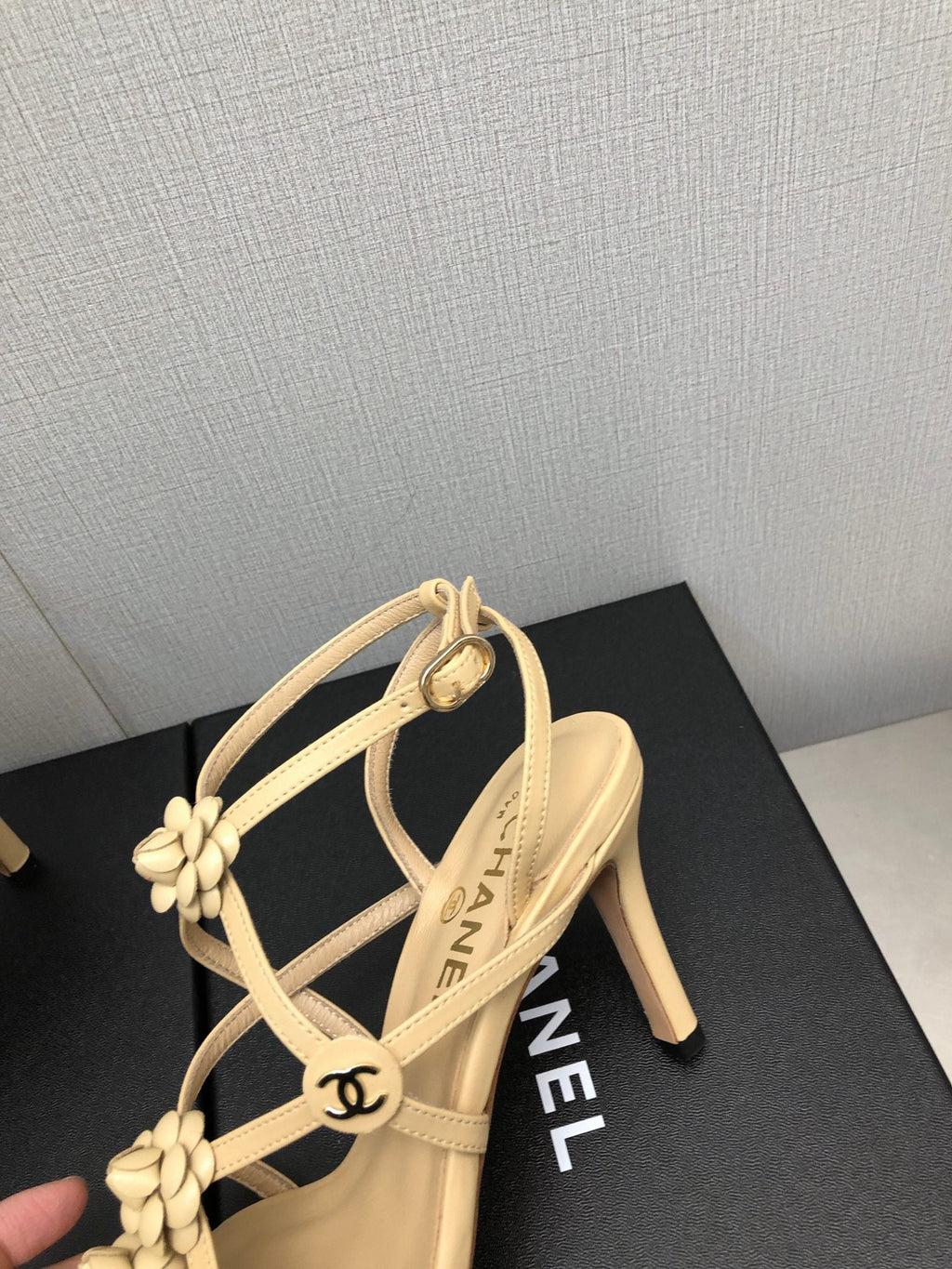 CHANEL FLORAL HIGH HEEL SANDAL IN SAND YELLOW LAMBSKIN