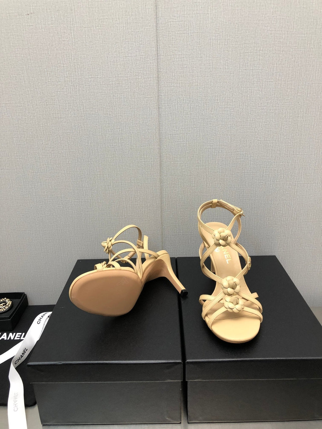 CHANEL FLORAL HIGH HEEL SANDAL IN SAND YELLOW LAMBSKIN