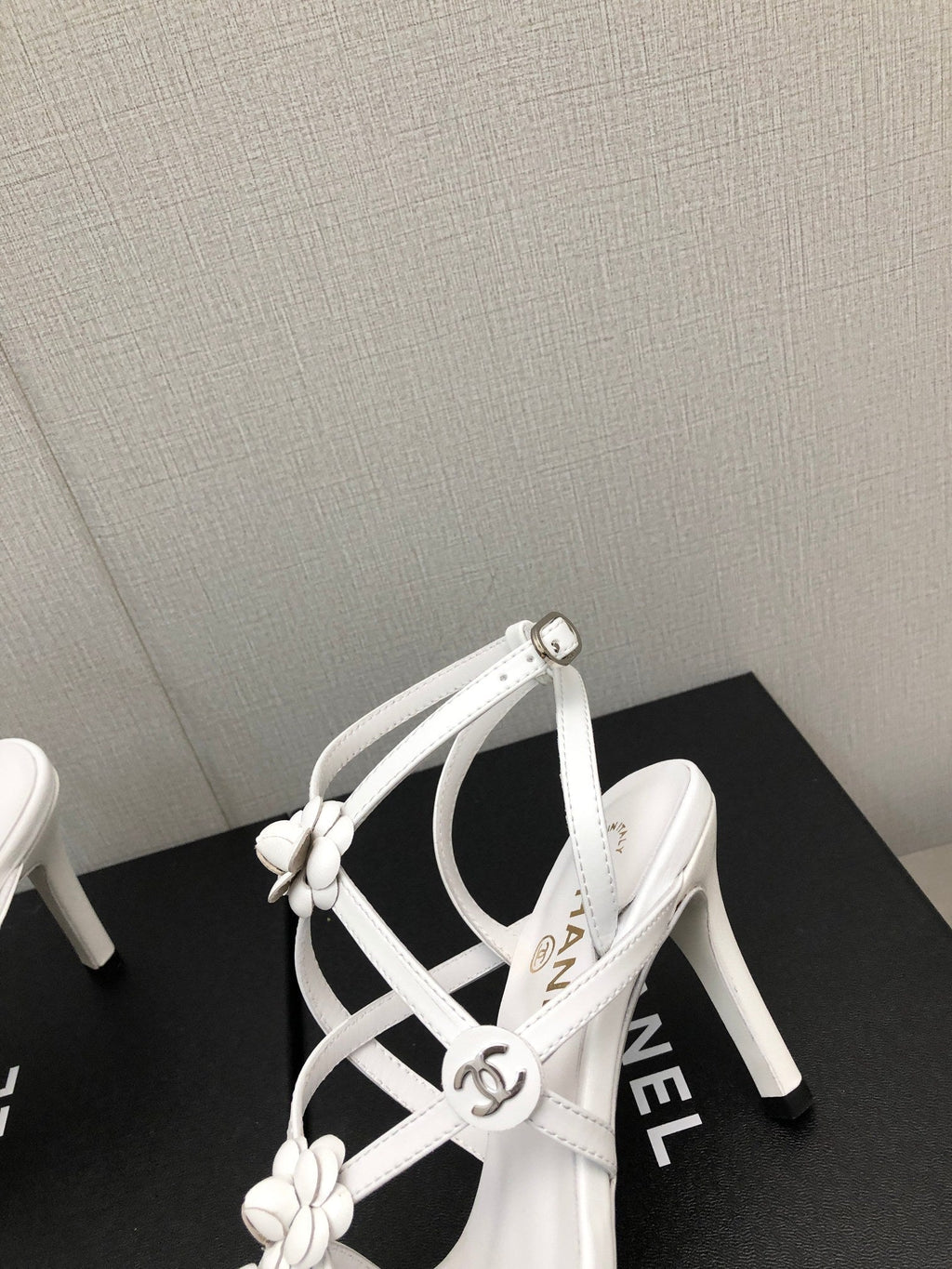 CHANEL FLORAL HIGH HEEL SANDAL IN WHITE LAMBSKIN
