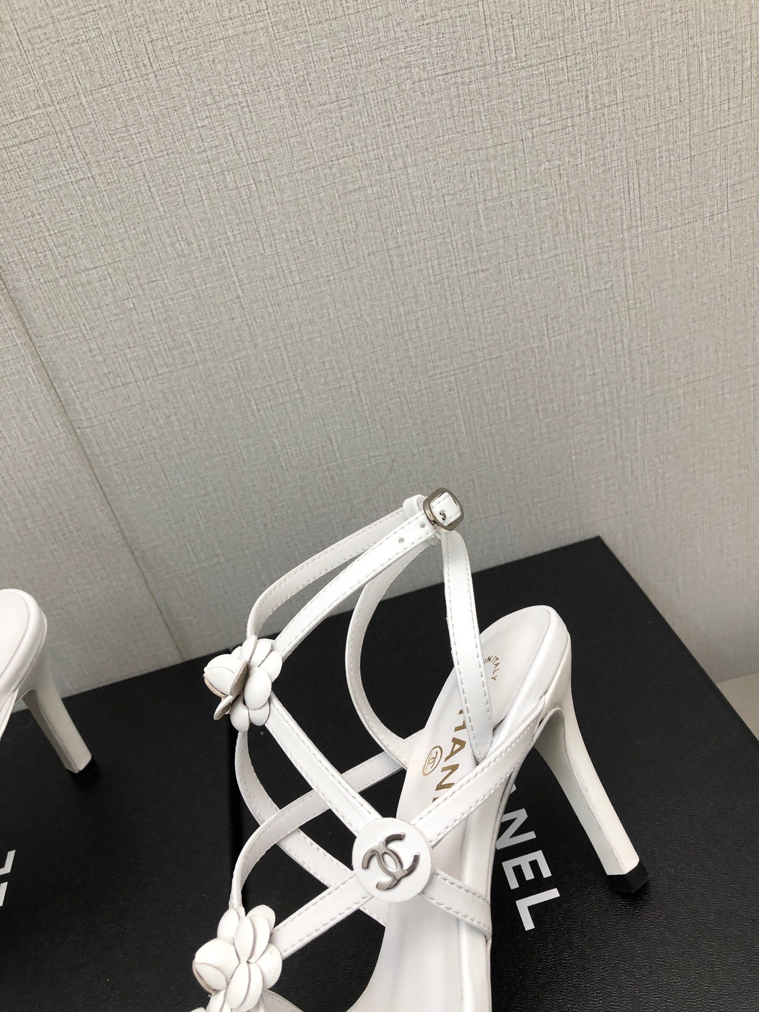 CHANEL FLORAL HIGH HEEL SANDAL IN WHITE LAMBSKIN
