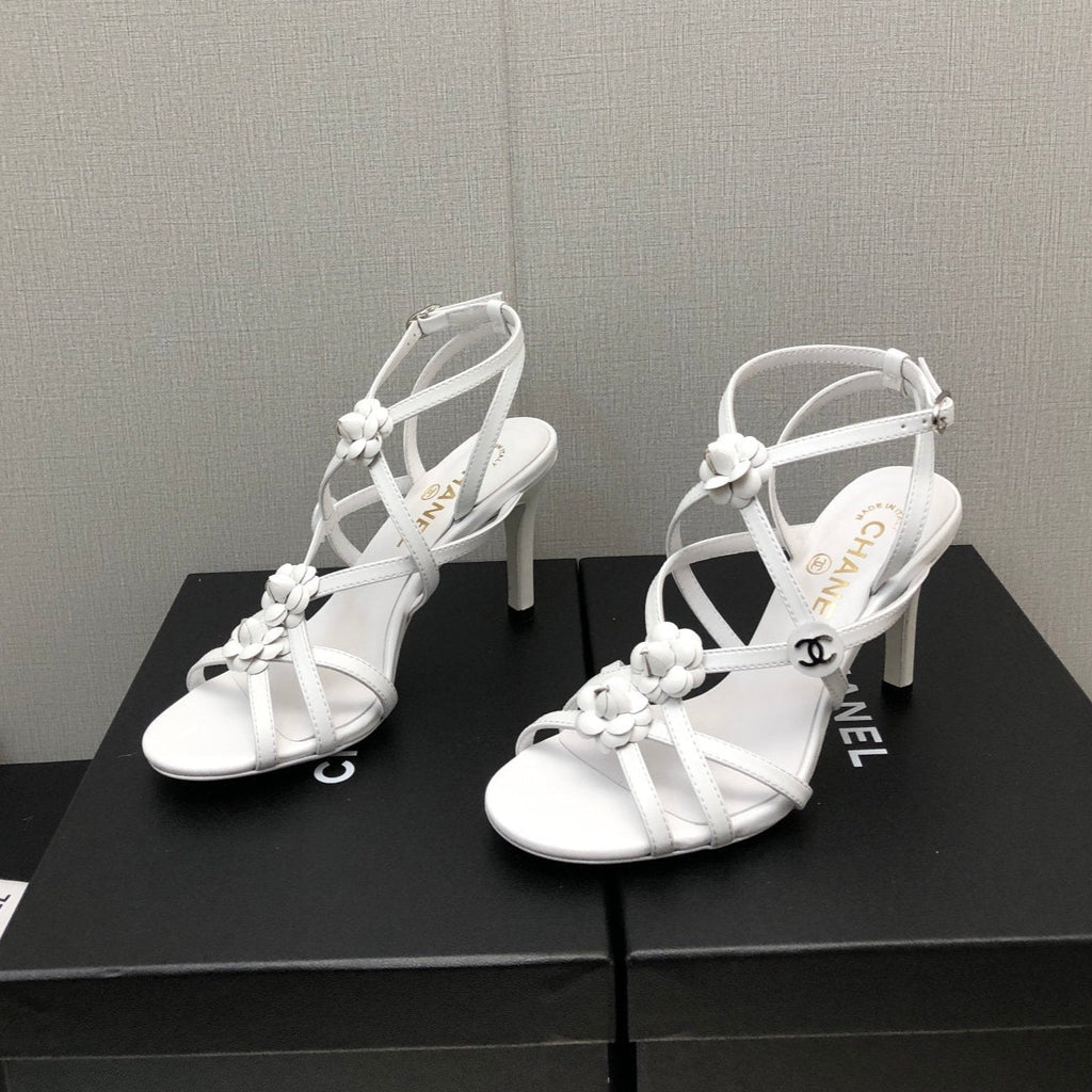 CHANEL FLORAL HIGH HEEL SANDAL IN WHITE LAMBSKIN