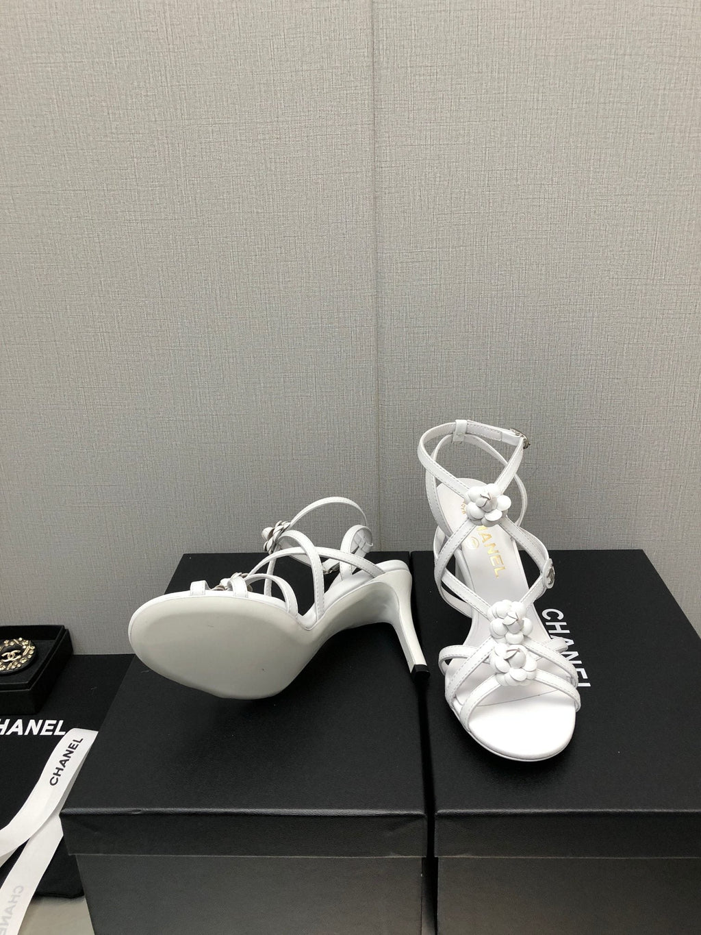 CHANEL FLORAL HIGH HEEL SANDAL IN WHITE LAMBSKIN