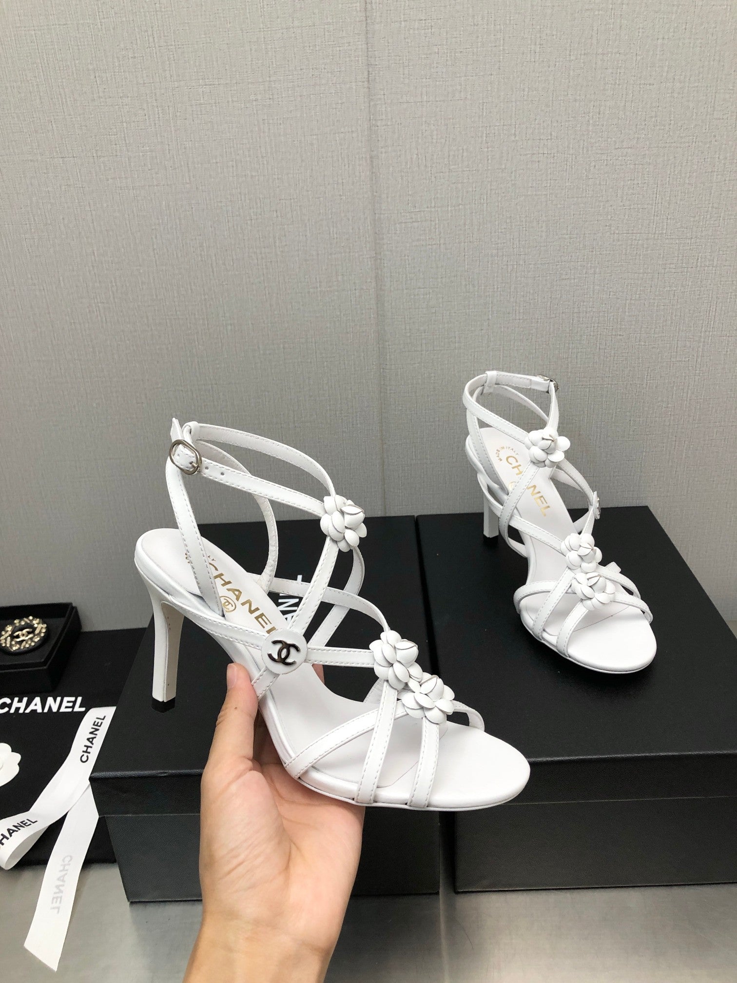 CHANEL FLORAL HIGH HEEL SANDAL IN WHITE LAMBSKIN